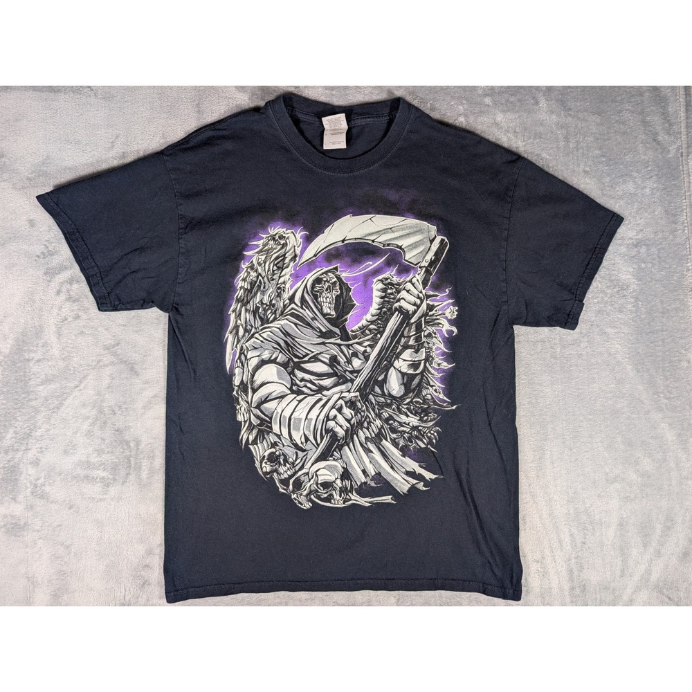 Gildan Heavy Cotton Winged Grim Reaper Skulls Graphic T-Shirt Mens Large Black